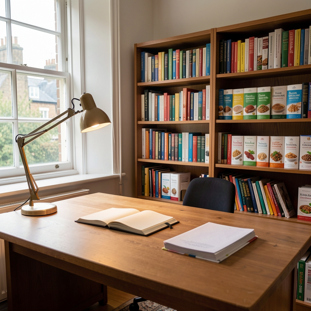 Interior view of a small London editorial office: a wooden desk with an open notebook, a desk lamp switched on, bookshelves of nutrition and food science volumes in the background, morning light through a sash window