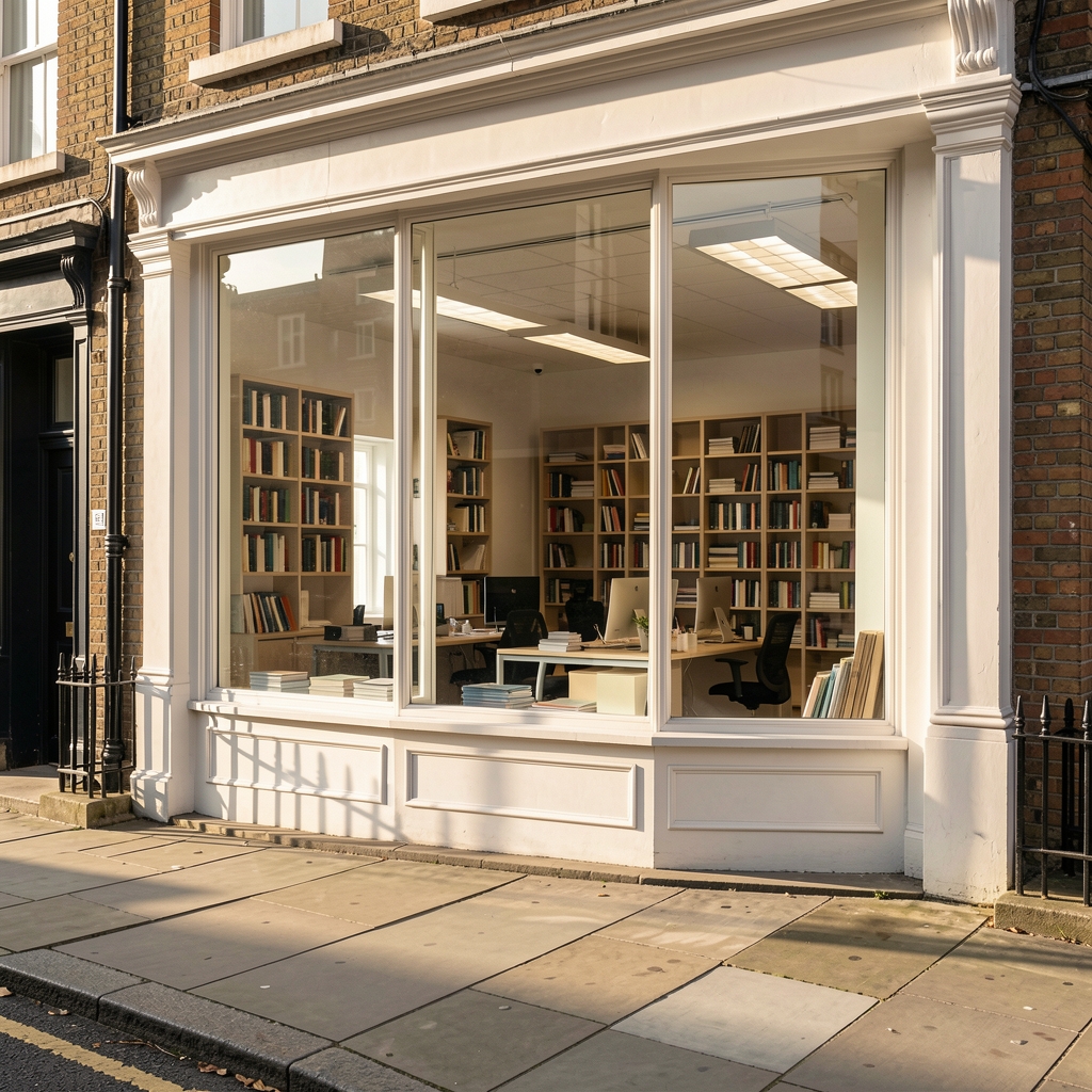 Wide shot of a bright London street-level editorial office exterior with large windows showing desks and bookshelves inside, early morning light casting long shadows on the pavement