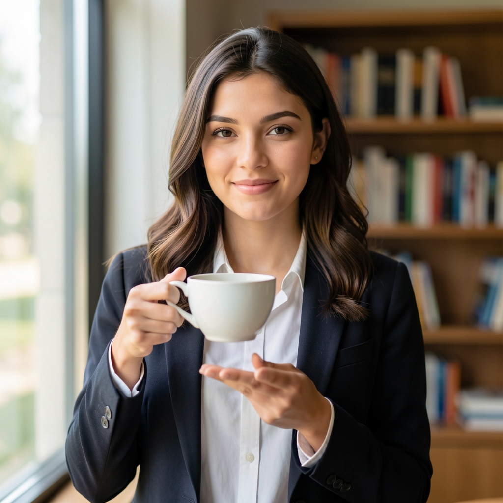 Portrait of Phoebe Marsden, contributing writer, photographed standing near a window with natural light, holding a cup of tea, with a bookshelf visible in the background