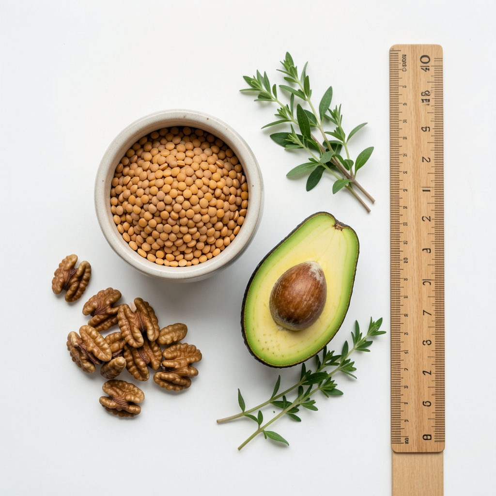 A flat-lay arrangement on a white surface showing a small ceramic bowl of lentils, a handful of walnuts, a sliced avocado half, and sprigs of fresh herbs with a ruler placed alongside for scale