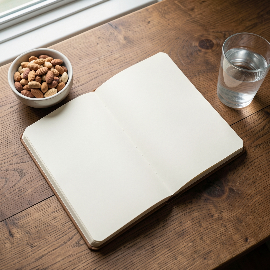 Close-up overhead view of a notebook open on a wooden desk beside a small bowl of mixed nuts and a glass of water, soft natural daylight from a nearby window