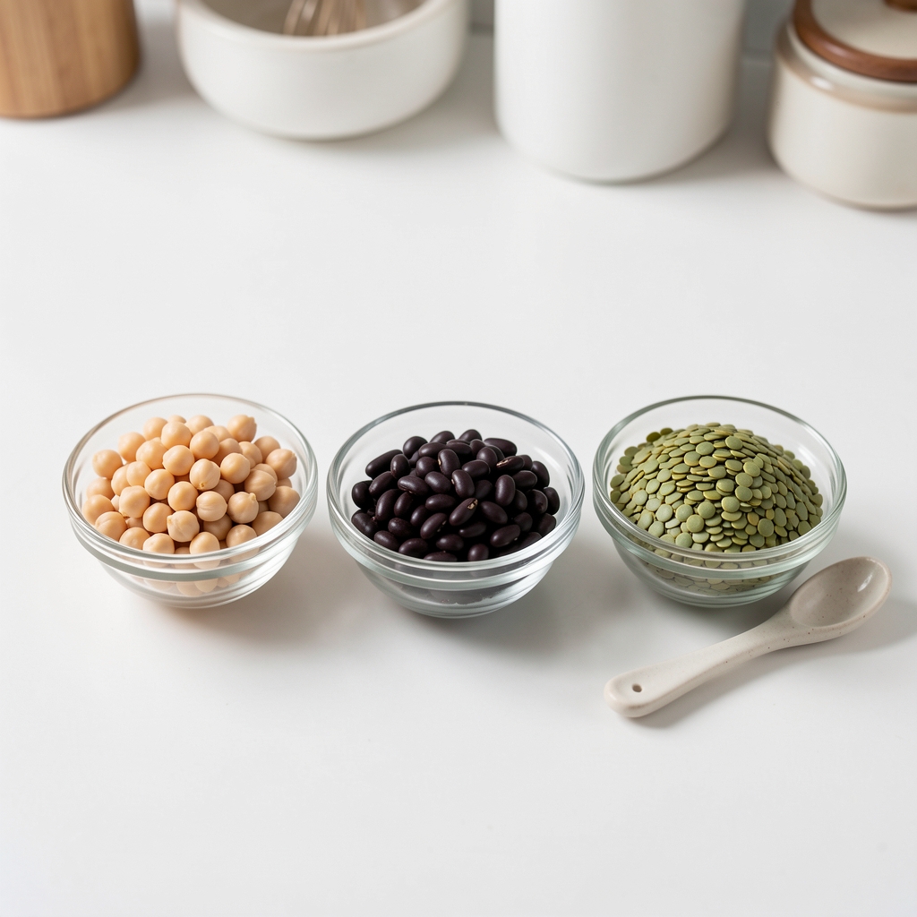 A set of three small clear glass bowls on a white kitchen surface, each containing a different type of cooked legume — chickpeas, black beans, and green lentils — with a small ceramic spoon resting alongside in soft overhead light