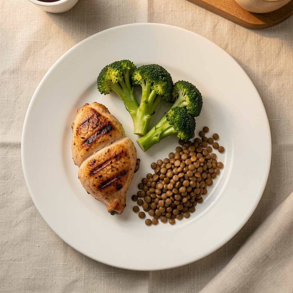 Overhead view of a white plate with grilled chicken, steamed broccoli, and brown lentils arranged simply on a pale linen tablecloth under warm kitchen lighting