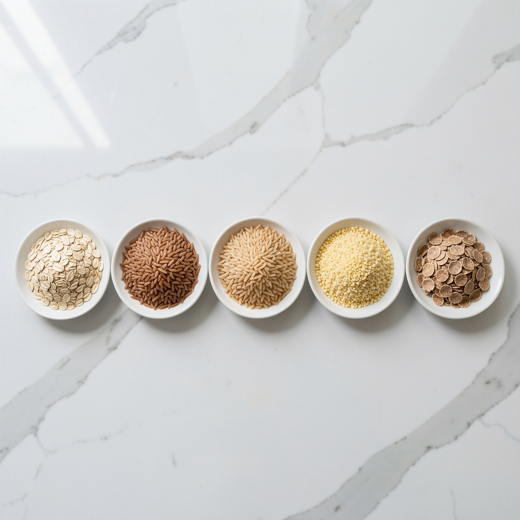 A clean kitchen surface with five small plates arranged in a row, each holding a different whole grain ingredient: oats, brown rice, barley, whole wheat couscous, and rye flakes, photographed from directly above in bright natural light