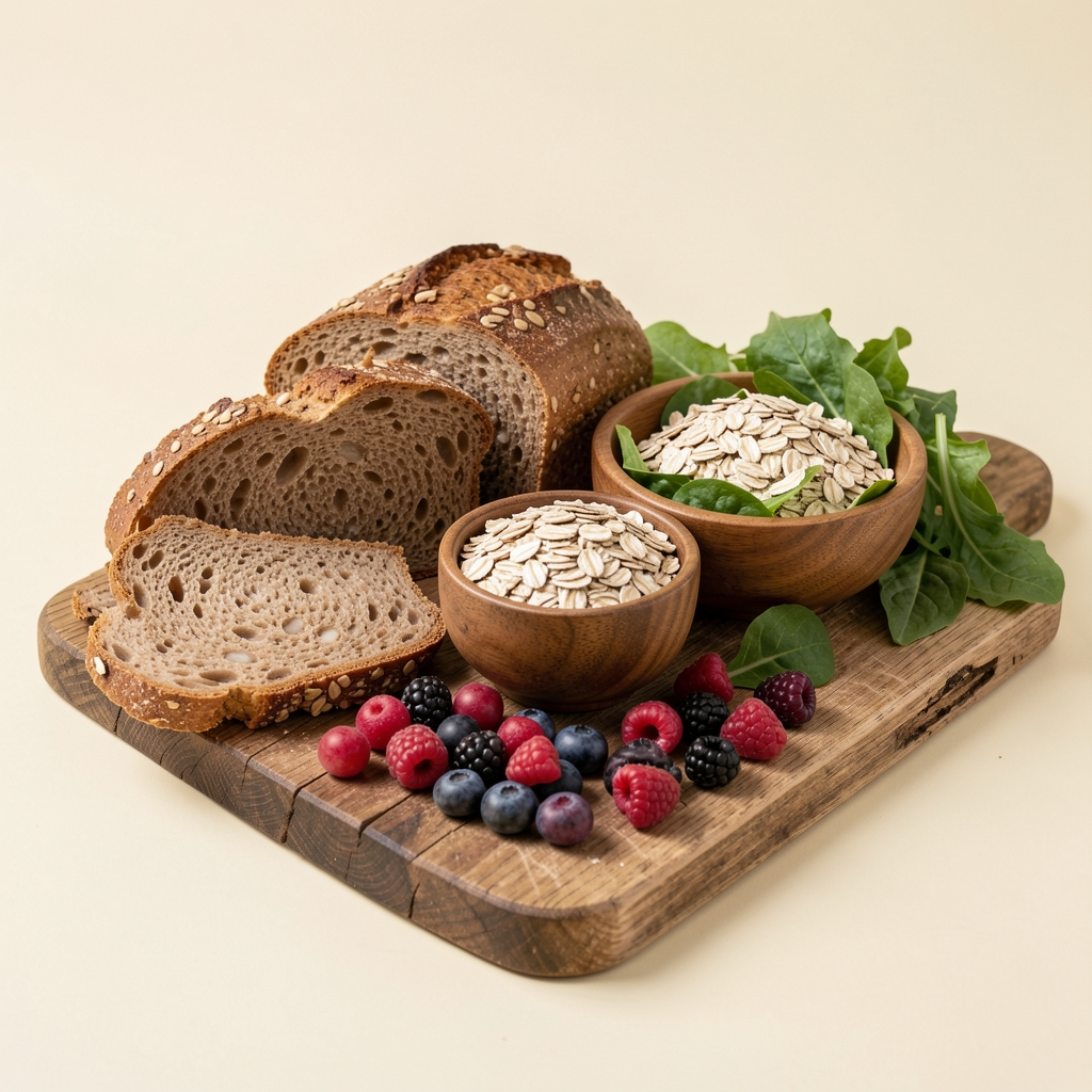An assortment of whole grain bread slices, mixed berries, oats in a small bowl, and leafy greens arranged on a rustic wooden board with matte cream background