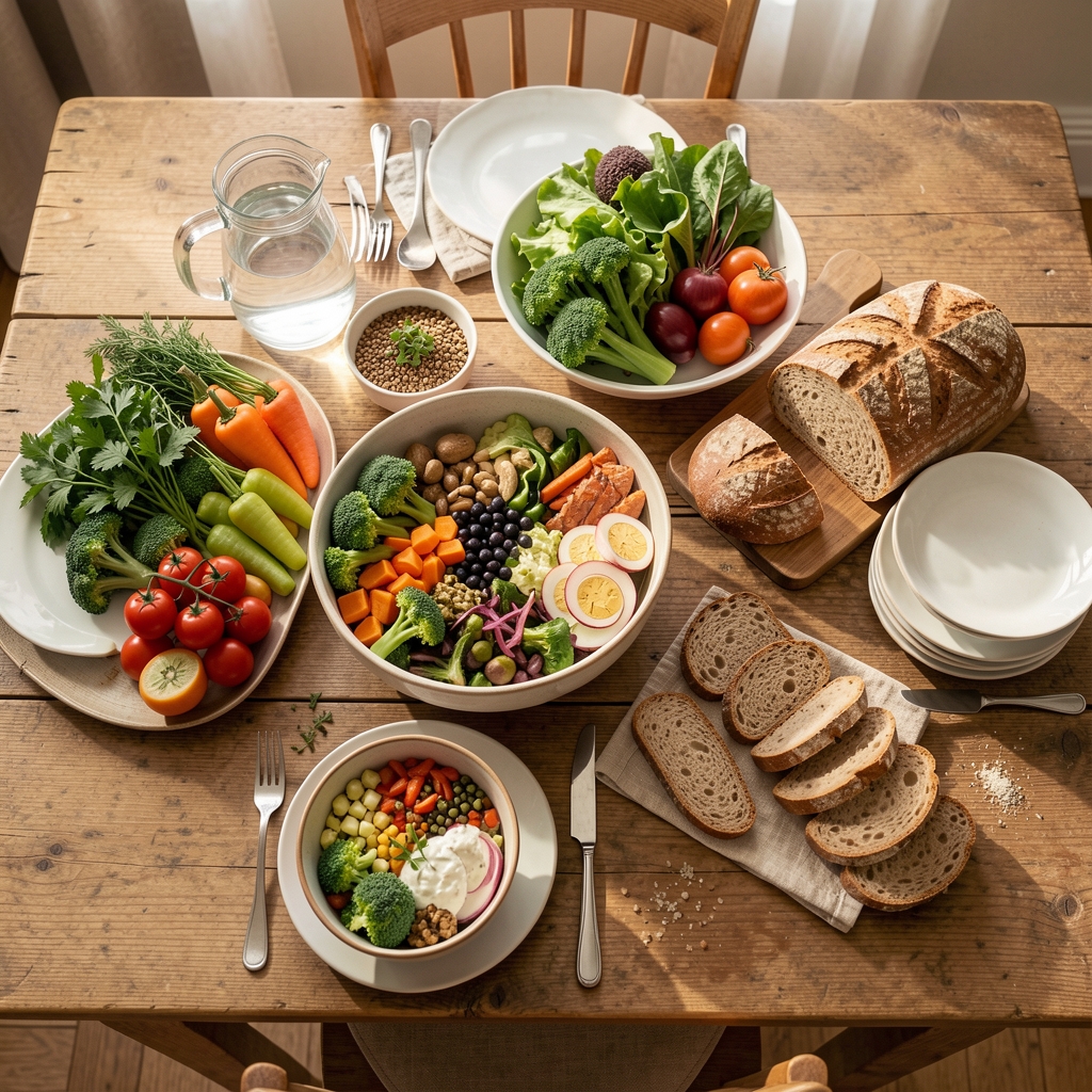 Wide overhead view of a wooden dining table arranged with whole food bowls, fresh vegetables, sliced whole grain bread, and a jug of water in soft morning light