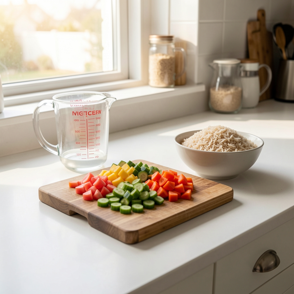 Wide shot of a clean kitchen counter with a cutting board holding colourful chopped vegetables, a measuring jug, and a bowl of cooked brown rice bathed in bright afternoon window light